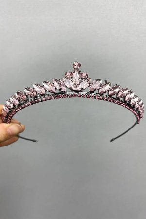 Kadın Pembe Işıltılı Prenses Model Cam Taşlı Düğün ve Nişan Tacı