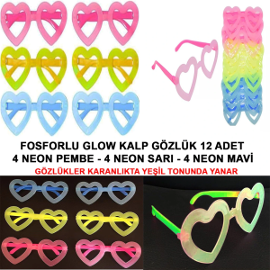 Retro Neon Fosforlu Kalp Gözlük 12 Adet – 80’ler 90’lar Parti Stili
