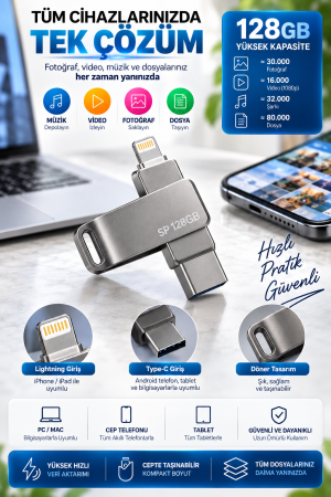 Çoklu Girişli 128GB Lightning Type C USB Flash Bellek Telefon Tablet ve Bilgisayar Uyumlu