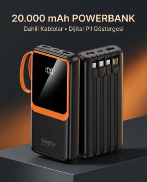 1. Çoklu Çıkışlı 20000 mAh Powerbank Entegre Kablolu Dijital Ekranlı Taşınabilir Şarj Cihazı
