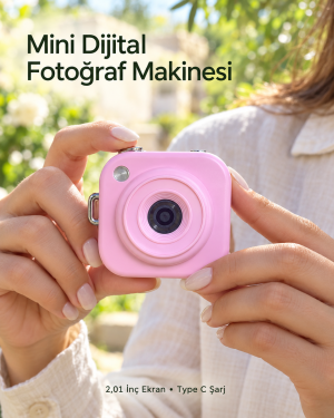 Type C Şarjlı Pembe Mini Fotoğraf Makinesi Taşıma Askılı Dijital Kamera
