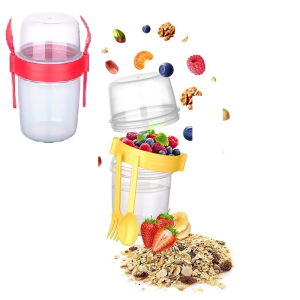 Çift Hazneli - Çatal Kaşıklı Portatif Müsli -atıştırmalık Kabı 650 Ml