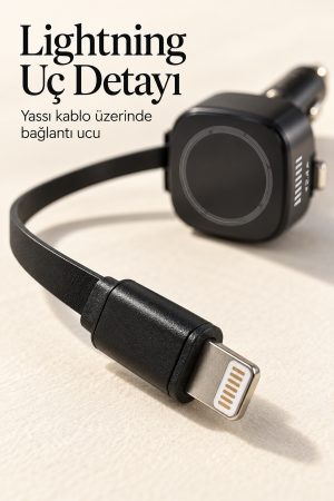 Makaralı Kablolu Araç İçi Hızlı Şarj Cihazı Type C ve Lightning