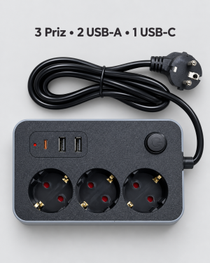 Ev ve Ofis Kullanımına Uygun USB ve Type C Şarj Çıkışlı Akım Korumalı Çoklu Priz