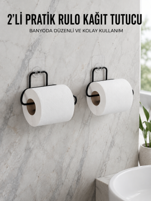 2 Adet Siyah Yapışkanlı Kağıtlık Duvar Tipi Tuvalet Kağıdı ve Rulo Tutucu