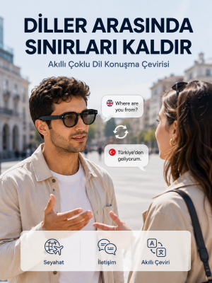 Siyah AI Akıllı Gözlük Fotoğraf Video Ses Kayıtlı Çoklu Dil Çeviri Bluetooth Bağlantılı 3 Lensli