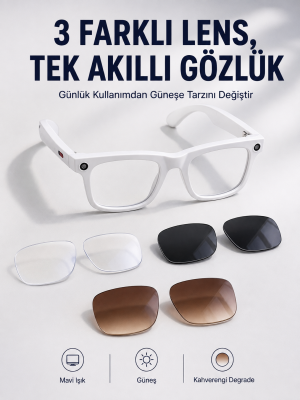 Yapay Zeka Destekli Akıllı Gözlük Dahili Kameralı Bluetooth Müzik ve Arama Özellikli Ses Kontrollü Değiştirilebilir Lensli