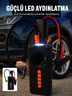 10000mAh Şarjlı Araç Kompresörü Akü Takviye Cihazı Powerbank Özellikli Dijital Lastik Şişirme Pompası