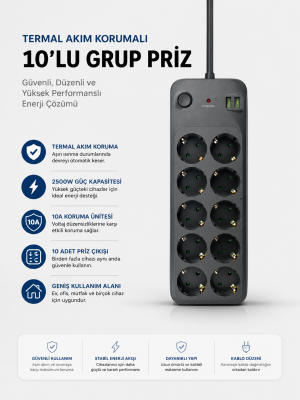 Termal Akım Korumalı USB Type-C Girişli 10'lu Grup Priz 2500W Güç Kapasitesi (Kopya)