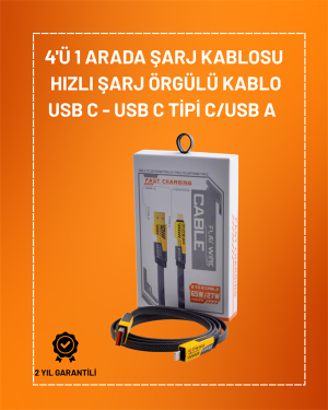 4'ü 1 Arada USB Hızlı Şarj ve Veri Kablosu – 65W Güç, Çoklu Bağlantı, 1.2m