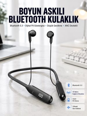 60 Saat Kablolu Boyun Askılı Dijital Göstergeli Bluetooth Kulaklığı Yeni Nesil