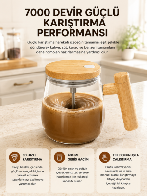 Manyetik Karıştırıcı Kupa – 400 ml, C Tipi Şarjlı, Akıllı Tasarım Yeni Nesil