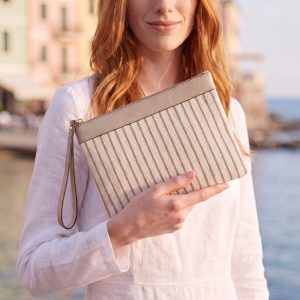 Asia Kanvas Çizgili Kadın Portföy & Clutch El Çantası Vizon