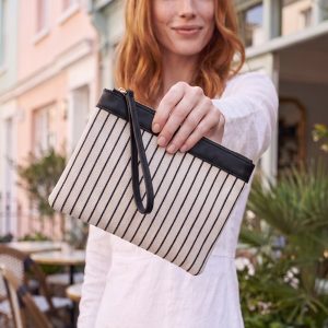 Asia Kanvas Çizgili Kadın Portföy & Clutch El Çantası Siyah