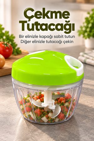 İpli Sebze Doğrayıcı Üç Bıçaklı Şeffaf Hazneli Yeşil
